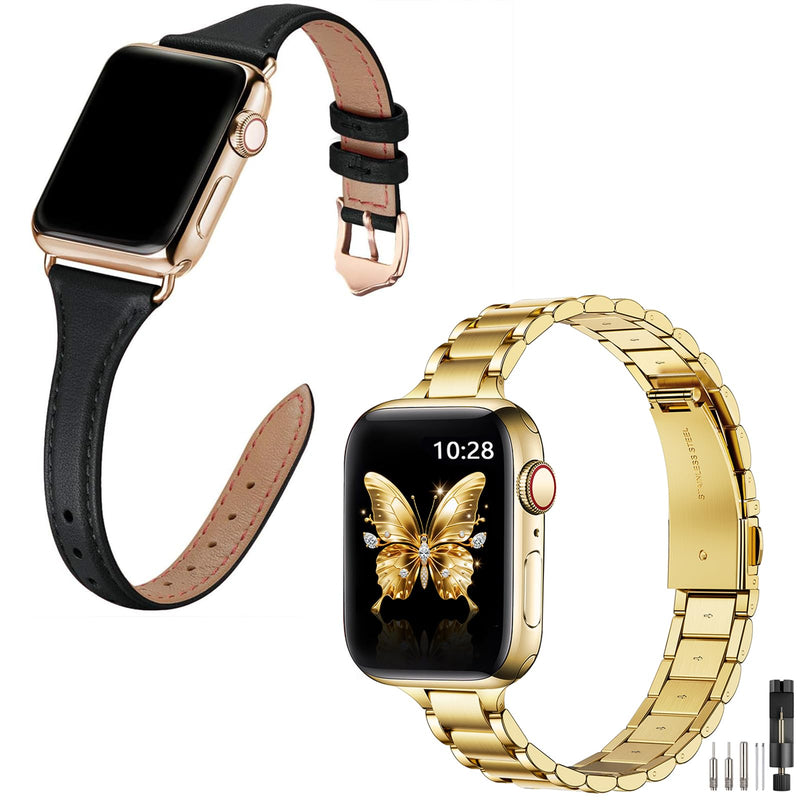 Slim Apple Watch Leather Band and Stainless Steel Metal Band for iWatch 38mm, 40mm, and 41mm，Black Gold+Metal Gold