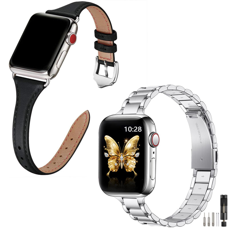 Slim Apple Watch Leather Band and Stainless Steel Metal Band for iWatch 38mm, 40mm, and 41mm，Black Silver+Metal Silver