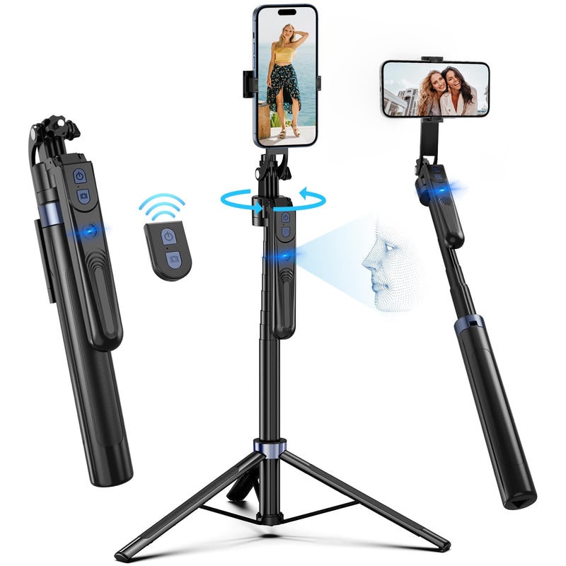 Auto Face Tracking Tripod 360 Rotation with Stand, No App,Phone Camera Holder with Remote and Gesture Control, Built-in Tracking Camera Selfie Stick for Live Vlog Streaming Video Tiktok