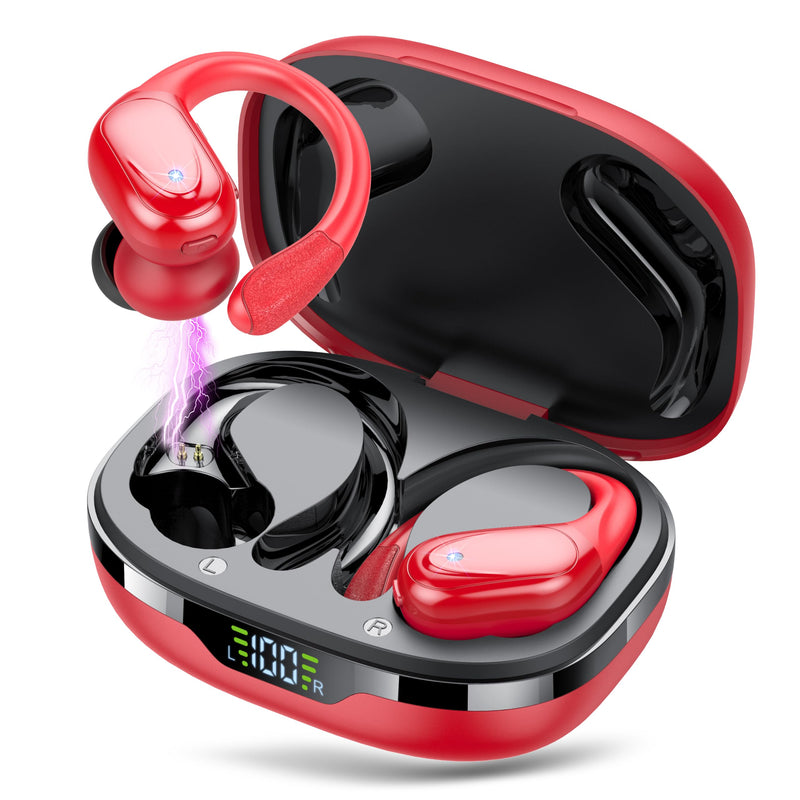 Ear buds Wireless Earbuds Bluetooth 5.3 Headphones 60hrs Playtime with Digital Display Sports Wireless Headphones with Earhook Deep Bass IPX7 Waterproof Over-Ear Earbuds for Android iOS Workout (Red)