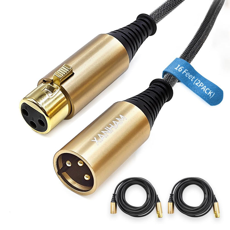 XLR Cable 16 Feet/5 Meter 2 Pack 3 Pin Microphone Female to Male Balanced Shielded Cable, Fibre Braiding with 22AWG Oxygen-Free Copper(OFC) Mic Cord for Speaker and Audio System 16ft(5 meter)