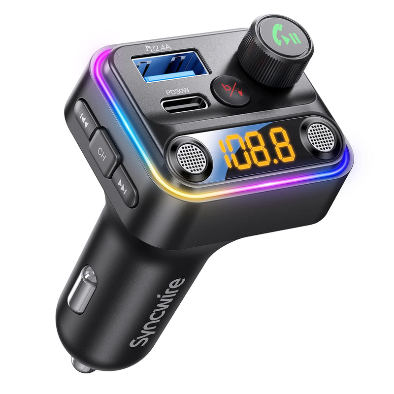 [AUSTRALIA] - Syncwire Bluetooth 5.4 FM Transmitter Car Adapter 42W [Light Switch] [Stronger Dual-mic] [HiFi Bass Sound] [Fast Charging] Wireless FM Radio Stereo Music Adapter Hands-Free Calling Support USB Drive Black 