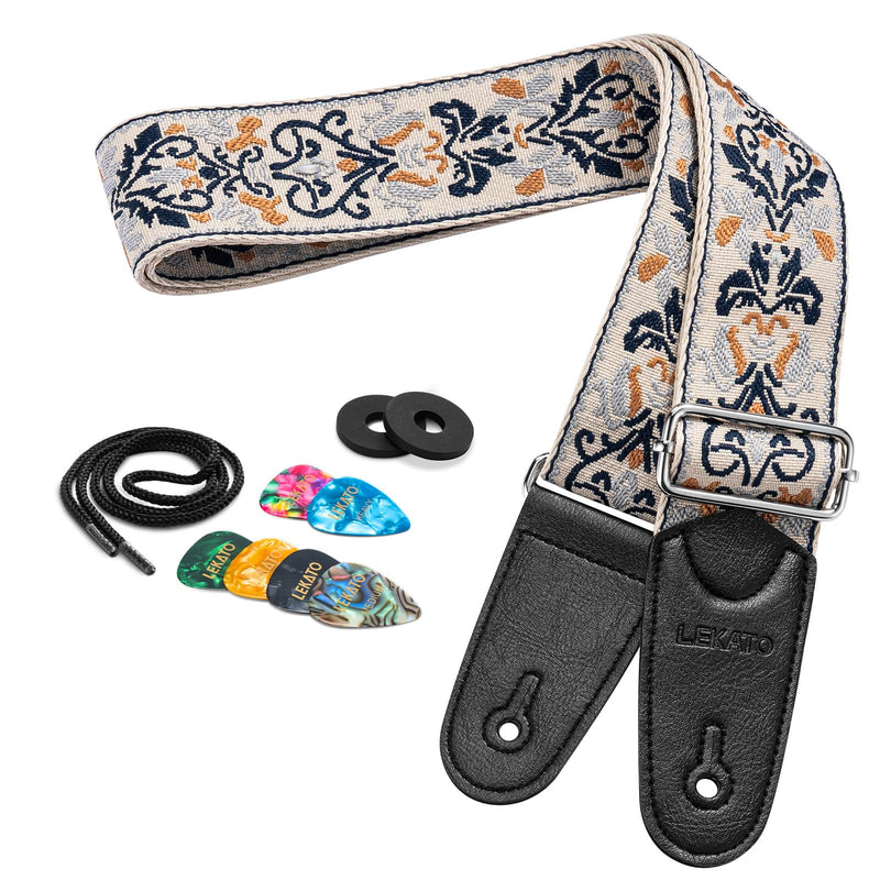LEKATO Guitar Strap for Electric Bass Acoustic Guitar, Floral Jacquard Embroidery 2? Wide Guitar Straps Bass Strap Padded Guitar Straps with Picks & Blocks (Blue Flower White)