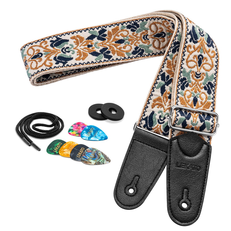 LEKATO Guitar Strap for Electric Bass Acoustic Guitar, Floral Jacquard Embroidery 2? Wide Guitar Straps Bass Strap Padded Guitar Straps with Picks & Blocks (Golden Flower White)