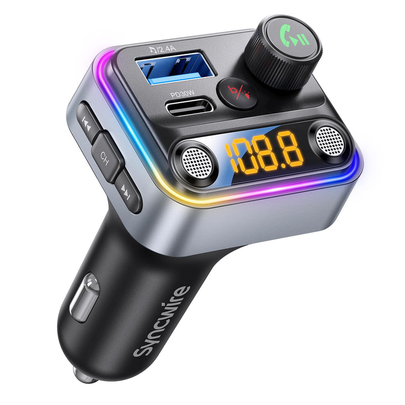 [AUSTRALIA] - Syncwire Bluetooth 5.4 FM Transmitter Car Adapter 42W [Light Switch] [Stronger Dual-mic] [HiFi Bass Sound] [Fast Charging] Wireless FM Radio Music Adapter Hands-Free Calling Support USB Drive, Silver 