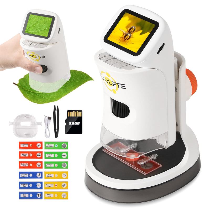 Microscope for Kids, 1000X HD Pocket Kids Microscope, 2.1'' LCD Screen Mini Micrscope for Kids 8-12, Science Mini Scope Toy Kits, Handheld Miniscope Educational Gifts for Kids, 32 GB TF Card Included Warm White