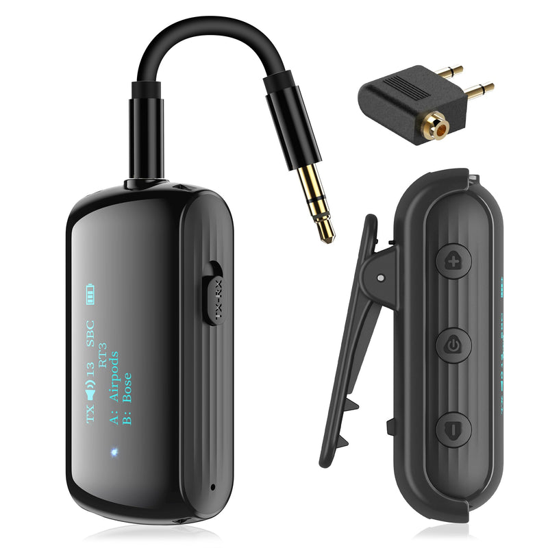 Bluetooth Transmitter Receiver for 2 AirPods/Headphones, Flight Bluetooth 5.2 Adapter for Airplane, TV, Gym and PC with a 3.5mm Audio Jack, Wireless BT Receiver with Mic for Car/Home Stereo Black