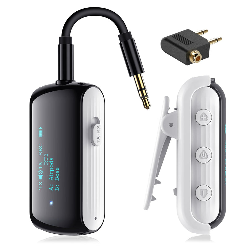 Bluetooth Transmitter Receiver for 2 AirPods/Headphones, Flight Bluetooth 5.2 Adapter for Airplane, TV, Gym and PC with a 3.5mm Audio Jack, Wireless BT Receiver with Mic for Car/Home Stereo White