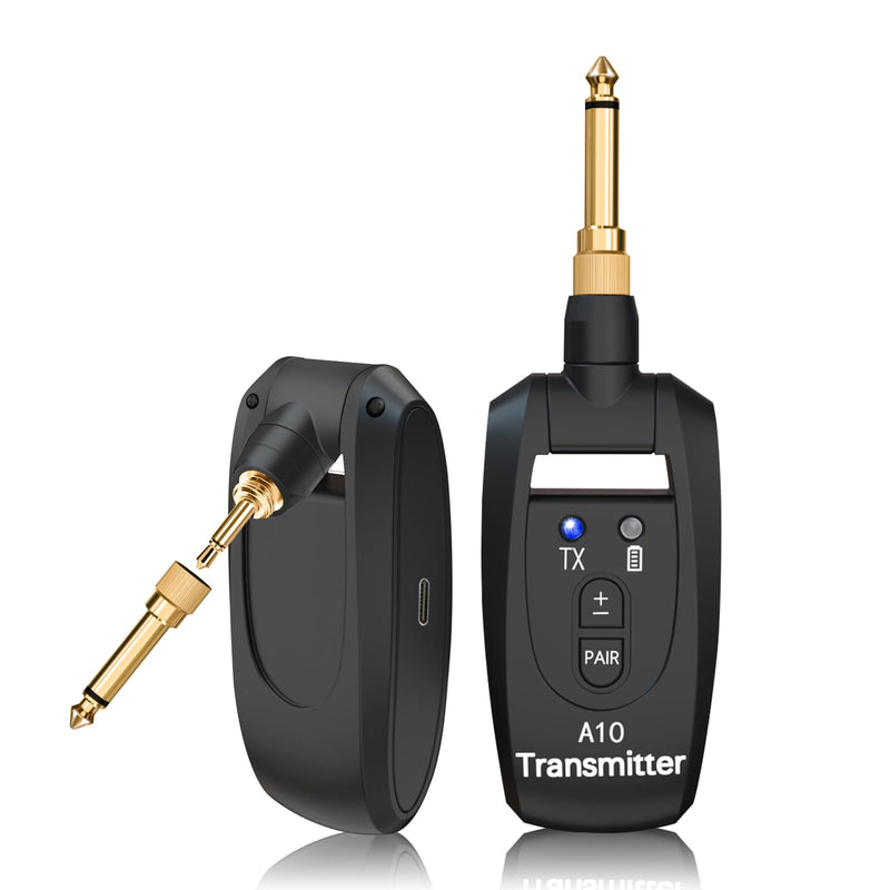 Wireless Guitar Transmitter Receiver 2.4GHz Rechargeable, 6.35mm and 3.5mm Plugs Audio Wireless Guitar System 250° Rotatable for Bass Keyboard Drums Multiple Instruments (A10 Black)