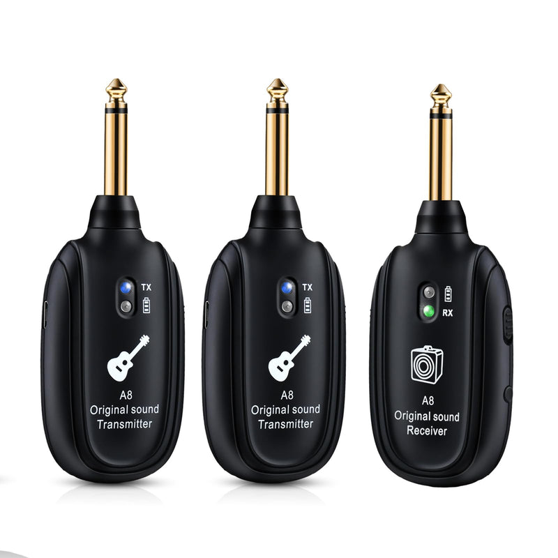 Wireless Guitar System UHF 2 Modes, Rechargeable Li-Battery, 100ft Range, Plug & Play for Guitar, Bass, Violin, Keyboard - Black (2TX + 1RX) A8-2