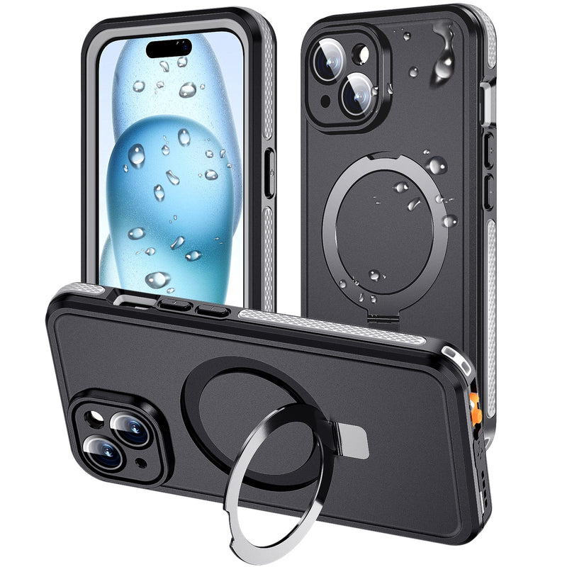 Hualele for iPhone 15 Waterproof Case Ultra Magnetic with Stand, Built-in Screen & Lens Protector [IP68 Underwater][Military Dropproof] [Compatible with MagSafe] Kickstand Case-Grey Black/Grey