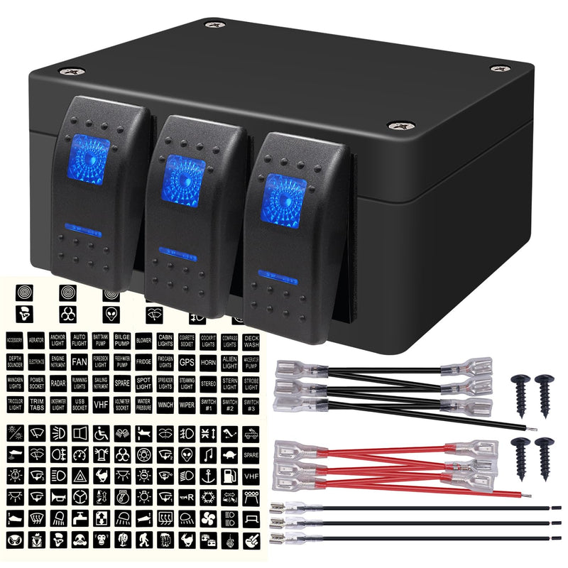 [AUSTRALIA] - weideer 3 Gang Rocker Switch Box Blue LED 12V 24V DC Rocker Switch Panel with Night Glow Stickers for Car Trucks Boats RVs A (Any three combinations) 