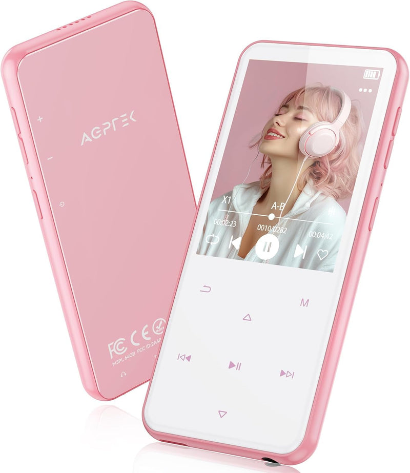 AGPTEK 64GB MP3 Player with Bluetooth, M3 2.4 inch Music Player with Speaker and FM Radio, Touch Buttons, Supports Up to 128GB(Pink) Pink
