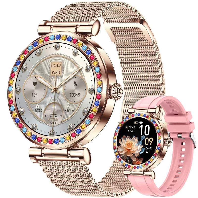 Smart Watch for Women(Answer/Make Calls), 5ATM Waterproof Fitness Watch Fitness Watch with Heart Rate/SpO2/Blood Pressure, Bluetooth Smartwatch for Android iPhone, with 2 Watch Bands (Gold) Gold
