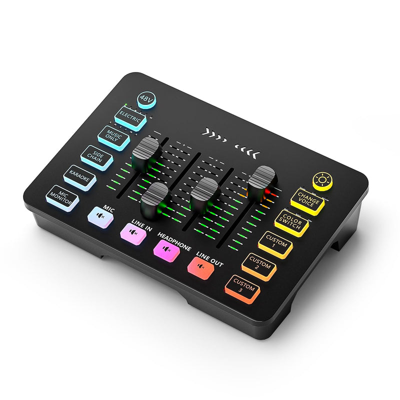 Streaming Audio Mixer, Arector All-in-One Gaming/Broadcasting Mixer with 48V Phantom Power,Mute Button,Volume Fader,XLR Microphone Interface, for PC,Live Streaming, Podcasting Recording
