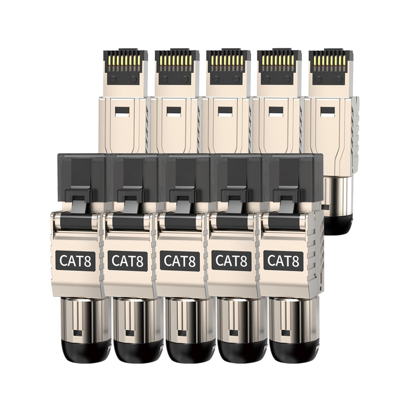 10-Pack RJ45 Connectors Tool Free Cat 8, Cat8 Field Termination Plug Shielded RJ45 Modular Plugs for 2000MHz 2GHz 40G Double Shielded Solid LAN Cable 22AWG-24AWG 10-Pack
