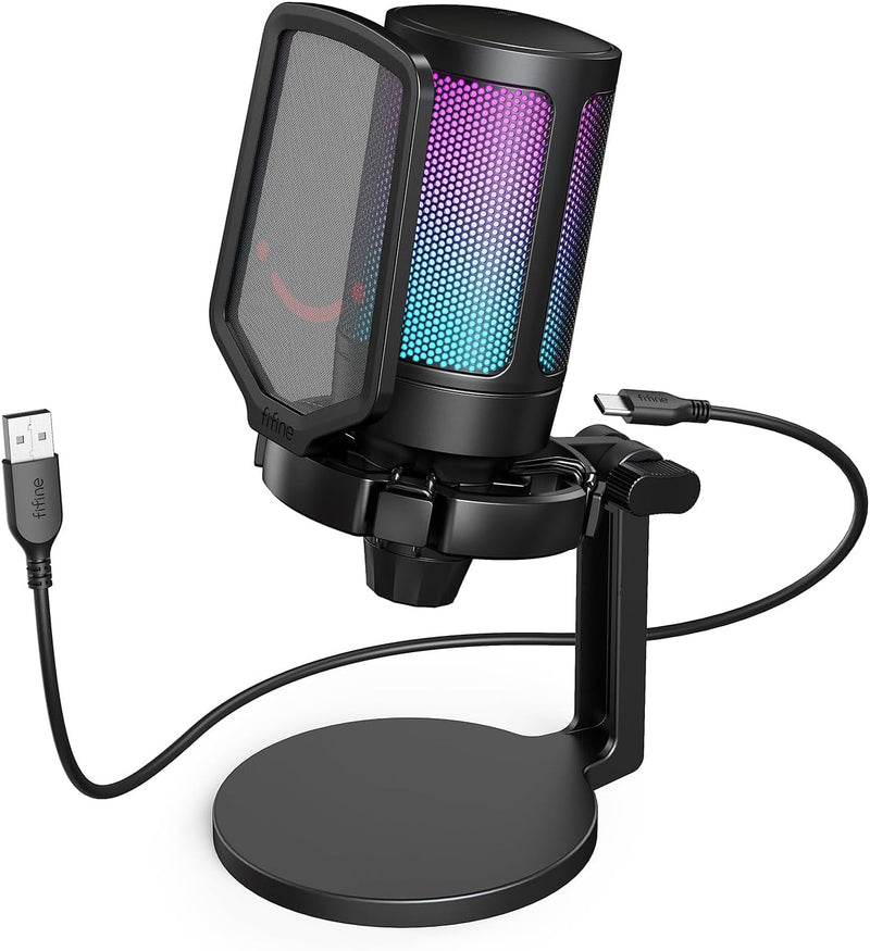 AmpliGame Fifine USB Microphone for PC Gaming, Computer Desktop Streaming Microphone with Mute Button, Gain Knob for Video Podcast, RGB Mic for PS4/PS5, Laptop A6NEO
