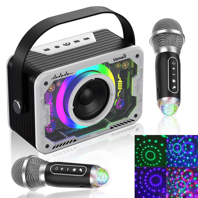 [AUSTRALIA] - Karaoke Machine, 2 Wireless Karaoke Microphones with Disco Lights, Portable Bluetooth Speaker, Singing Machine with PA System for Adults Kids, Supports AUX/USB/TF for Home Party Indoor/Outdoor Silver 2mics 