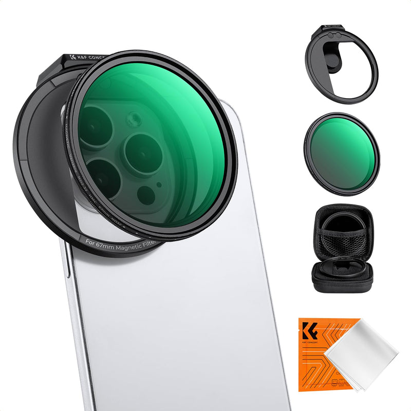 [AUSTRALIA] - K&F Concept Clip On 67mm Variable ND2-32 Magnetic Phone Lens Filter Kit, Phone Clip with Magnetic Adapter Ring/Cold Shoe/Locking Knob, Neutral Density Filter for iPhone 16 15 Pro Max 14 13 