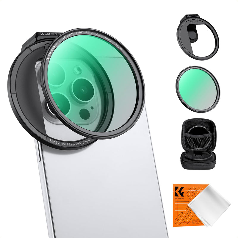 [AUSTRALIA] - K&F Concept Clip On 67mm CPL Magnetic Phone Lens Filter Kit, Phone Clip with Magnetic Adapter Ring/Cold Shoe/Locking Knob, Polarizer Filter for iPhone 16 15 Pro Max 14 13 