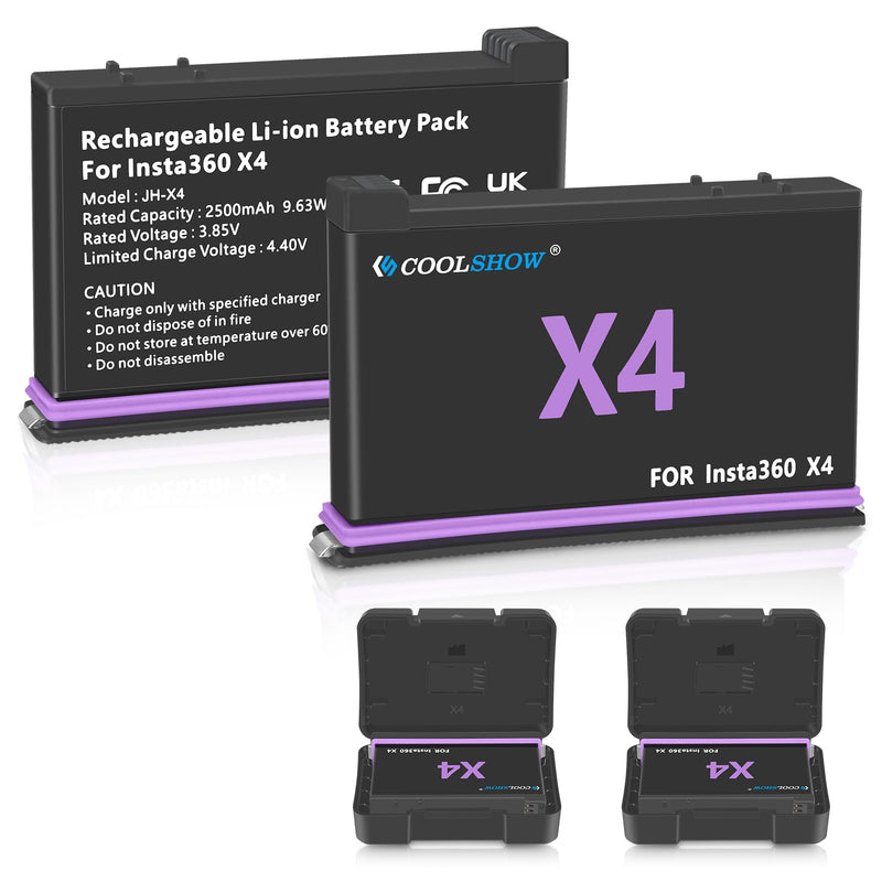 COOLSHOW Action Camera X4 Battery Replacement 2500mAh 2 Packs Only Compatible with Insta360 X4 Camera