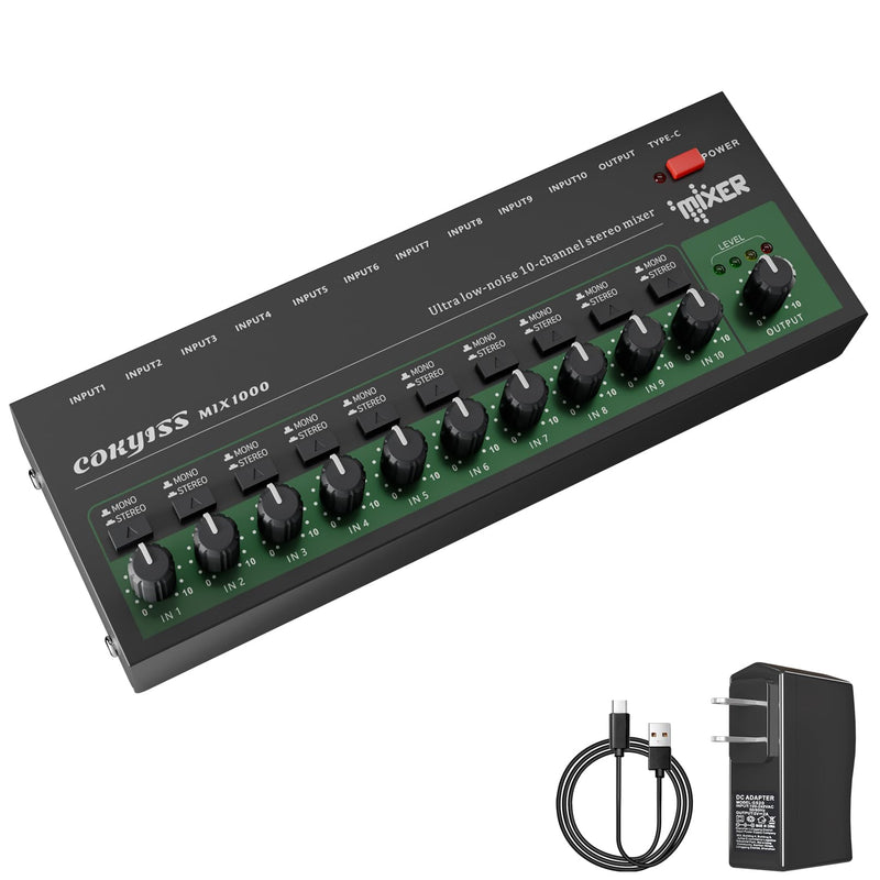 COKYISS® Small Mini Audio Mixer,10-Channel,Stereo Line Mixer for Sub-Mixing,Ultra Low-Noise,Microphone Independent Control,1/4" TRS Input/Output,for Bars,Guitars, Bass, Keyboards Mixer MIX1000