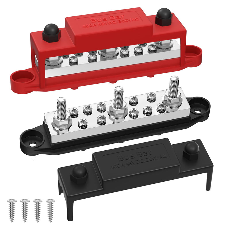 Joinfworld Power Distribution Block 400A Bus Bar 12V 48V with 3 x 5/16"(M8) Studs Marine Bus Bar Terminal Block 12 Volt DC Battery Busbar with Cover - Negative&Positive 400A 3x5/16"(M8) Studs