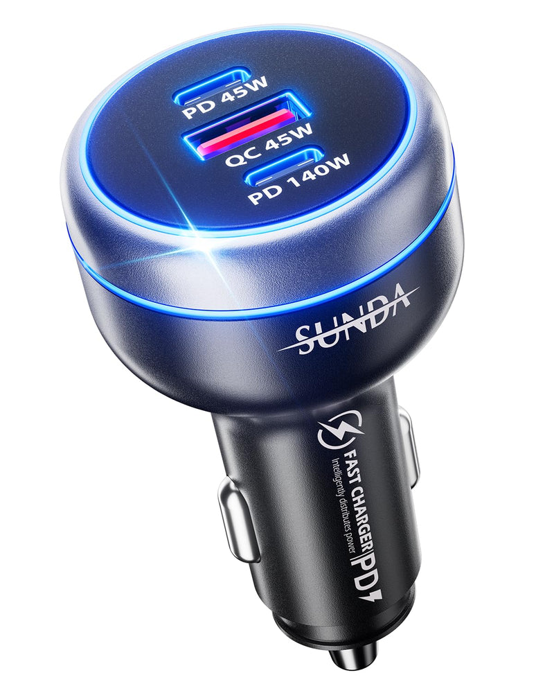 SUNDA 230W USB C Fast Car Charger, 3-Ports Mutiple Car Charger Adapter, Fast Charging PD140W/PPS63W/QC45W Compatible with iPhone17/16/15/MacBook/iPad/Laptop/SamsungS25, Cigarette Lighter USB Charger