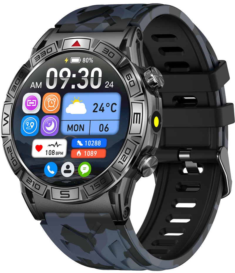 Yihou ABC Military Smart Watch for Men, Rugged Smartwatch Answer/Make Call, 1.43" AMOLED Display Fitness Tracker with Compass Altitude Flashlight Cam Black