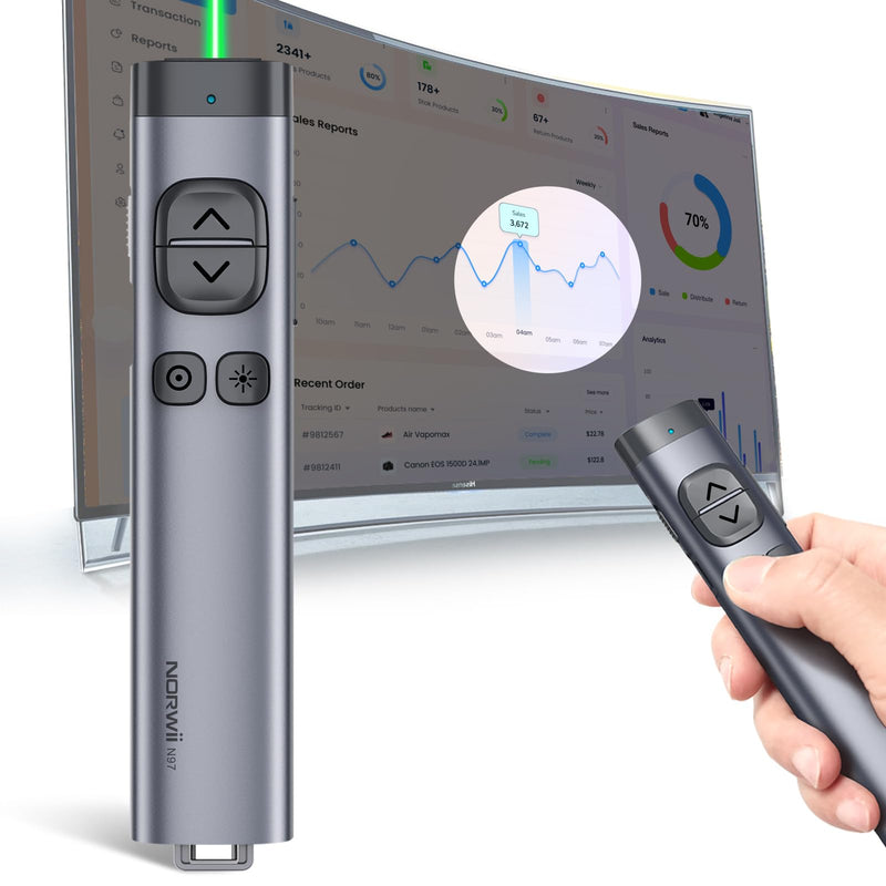 NORWII N97s Highlight Presentation Remote with Digital Pointer for TV Screen, Presentation Clicker for Powerpoint Presentation, Wireless Presenter Clicker, Metal Case(Green Light - BT&USB A&C) GreenLight-BLE&USB A&C