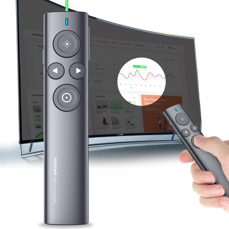 NORWII Presentation Clicker with Digital Pointer for TV LED LCD Screen, Presentation Remote, Slide Clicker, Wireless Presenter with Highlight, Magnify, Mouse Left Click - N95s Pro 32G(Green Light) USB A - Green