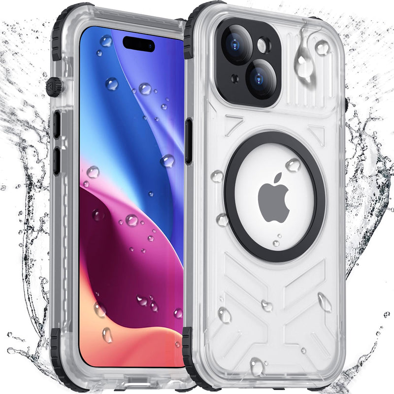 2024 Upgrade for iPhone 15 Case Waterproof,[Compatible With MagSafe][Built-in Screen&Camera Protector][Full Body Dropproof][IP68 Underwater][Clear Sound]Shockproof Phone Case 6.1"Black/Clear Black/Clear
