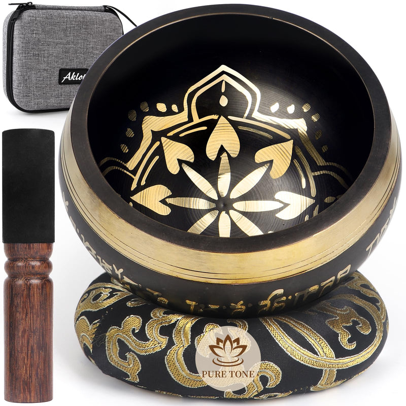 [AUSTRALIA] - AKLOT HandMade Meditation Singing Bowl: Tibetan Sound Bowl Set with Pure Tone, Sound Bath Bowl with Cushion, Mallet, Carry Bag, Spiritual Gift for Chakra Clearing, Yoga, Prayer, Relaxation (5 Inch) 5 inch Black 