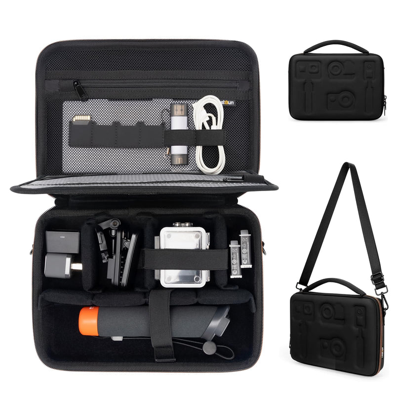 Cwatcun Action Camera Carrying Case for GoPro Hero/DJI Osmo Pocket 3/Action, Waterproof Carrying Case Shoulder Bag, Travel Case for Most Action Camera and Accessories Black Medium