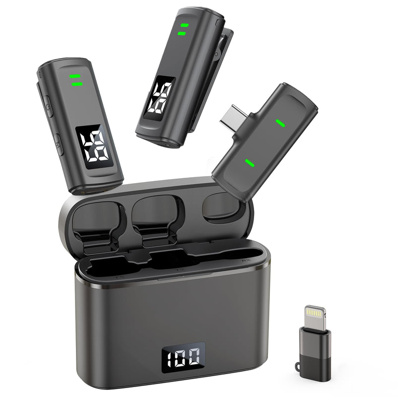 [AUSTRALIA] - Wireless Lavalier Microphone for iPhone 16 - USB C Phone Microphone for Video Recording with Noise Reduction Mini Mics 35H Charging Case 75FT Transmission Black TX-DM10B 