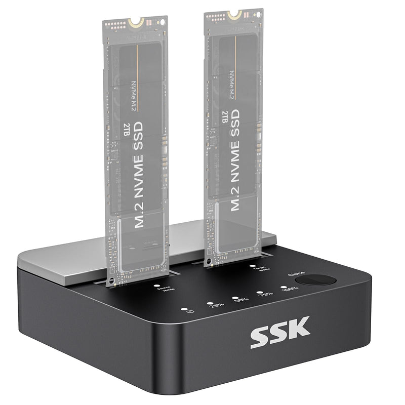 SSK M.2 SSD Cloner NVMe Duplicator Dual Bay Dock NVMe Enclosure Reader | For M Key PCIe NVMe Enclosure, 20Gbps USB3.2 Gen 2X2, Offline Clone Function, UASP Supported, Plug & Play, Tool Free