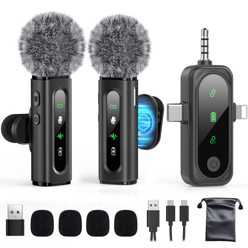 Wireless Lavalier Microphone for iPhone, Android, USB C, PC, Camera Video Recording 4 in 1 Clip-on Mics with Rotatable Clip&Denoise Recording, for Vlog Tiktok YouTube Podcast Content Creator 3in1 Black3