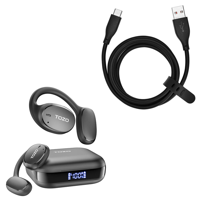 TOZO OpenEgo True Wireless Open Ear Headphone,5.3 Bluetooth Sport Earbuds Black + USB-C to USB-A Charging Cable Black