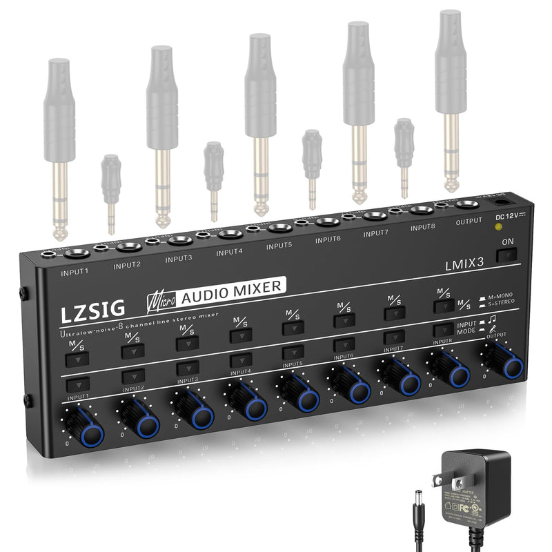 LZSIG Audio Mixer, Stereo Line Mixer for Sub-Mixing, Ultra Low-Noise, 8-Channel, Dynamic Microphone Independent Control, 1/4" & 1/8" TRS Output and Input, for Guitars,Bass,Keyboards Large(8-channel)