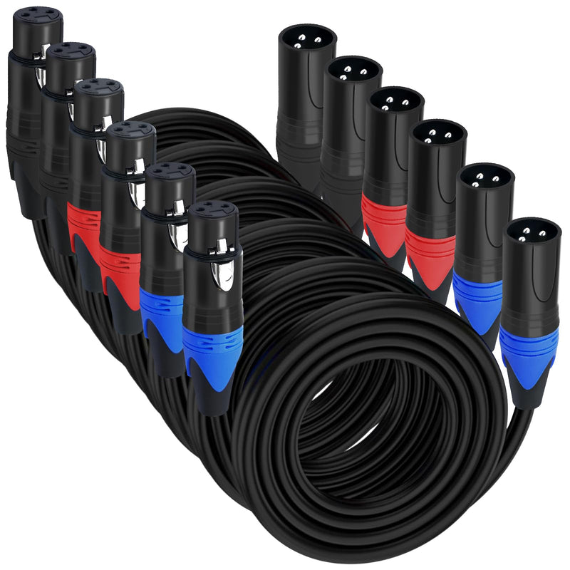 6 Pack XLR Male to Female Cable, Professional Balanced Microphone Lead, Extension Mic Cord 3 FT/3 Colors