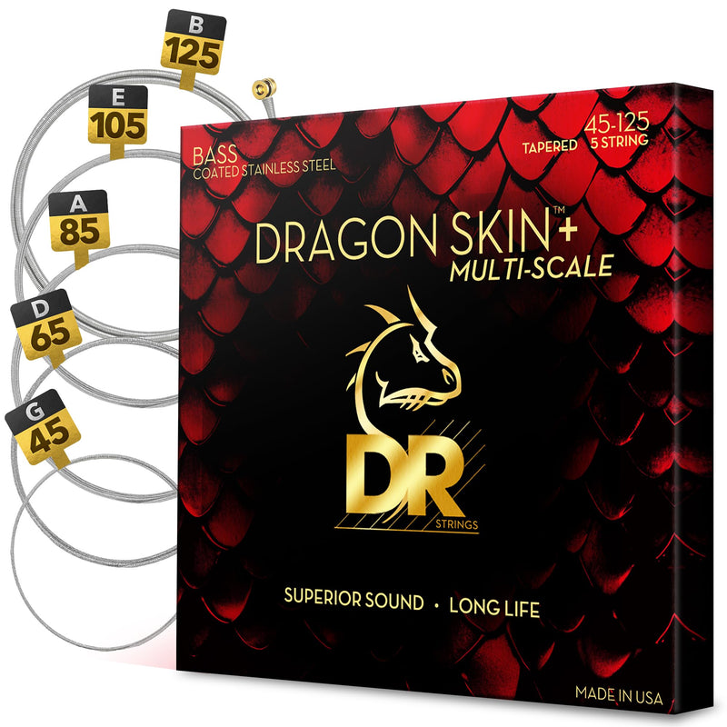 DRAGON SKIN+ - Coated Stainless Steel Bass Strings – DBSM5-45 – Superior Sound with Comfortable Feel & Long Life: 5 String Multi-Scale Medium 45-125 (DBSM5-45) DBSM5-45 5 String Multi-Scale Medium 45-125