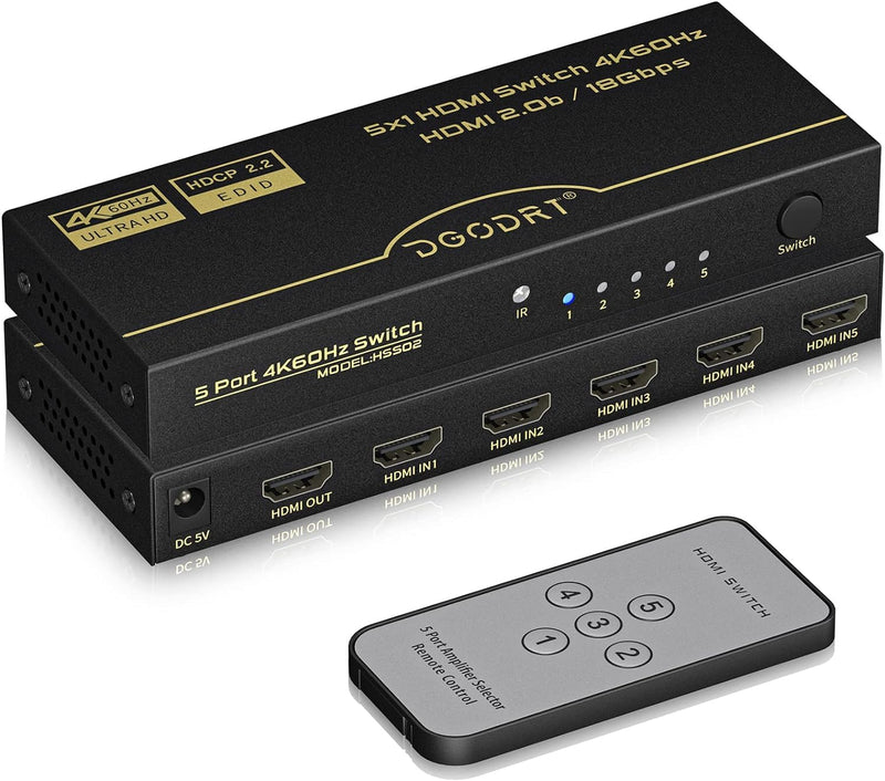 [AUSTRALIA] - HDMI Switch 5 in 1 Out 4K@60Hz, DGODRT 5 Port HDMI Switcher Selector Box with Remote and Auto Switch, Support 3D HDR10 HDCP2.2, 5x1 Game Switcher Hub Compatible with PS5 Xbox Switch Roku Fire Stick 