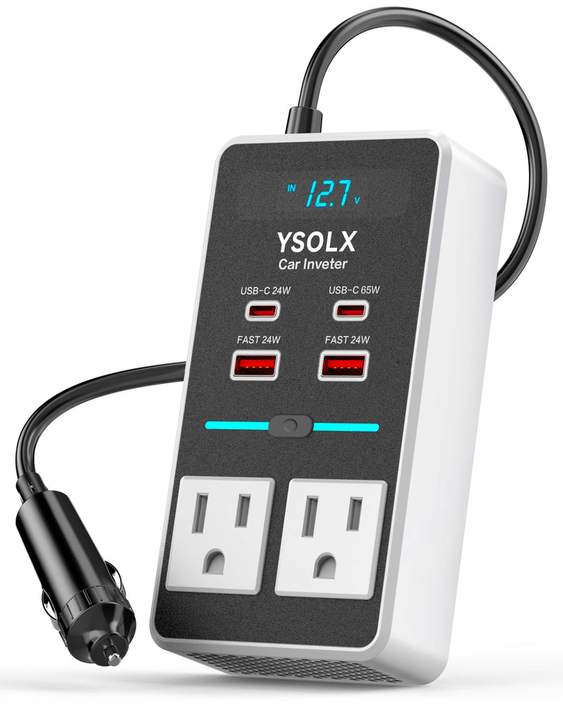 YSOLX 300W 12V to 110V Car Power Inverter | 65W USB-C,4 USB Post,Dual AC Car Plug Adapter Outlet,LED display.Suitable for Car Trips, Camping,Laptop white
