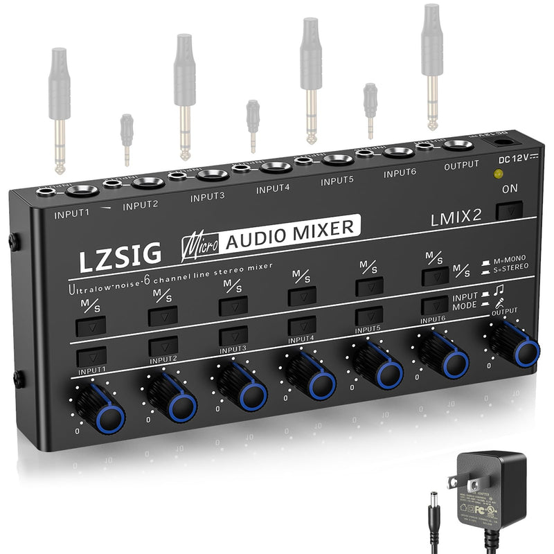 LZSIG Mini Audio Mixer,Stereo Line Mixer for Sub-Mixing,Ultra Low-Noise,6-Channel,Microphone Independent Control, 1/4" & 1/8" TRS Output and Input, for Guitars,Bass,Keyboards Medium(6-channel)