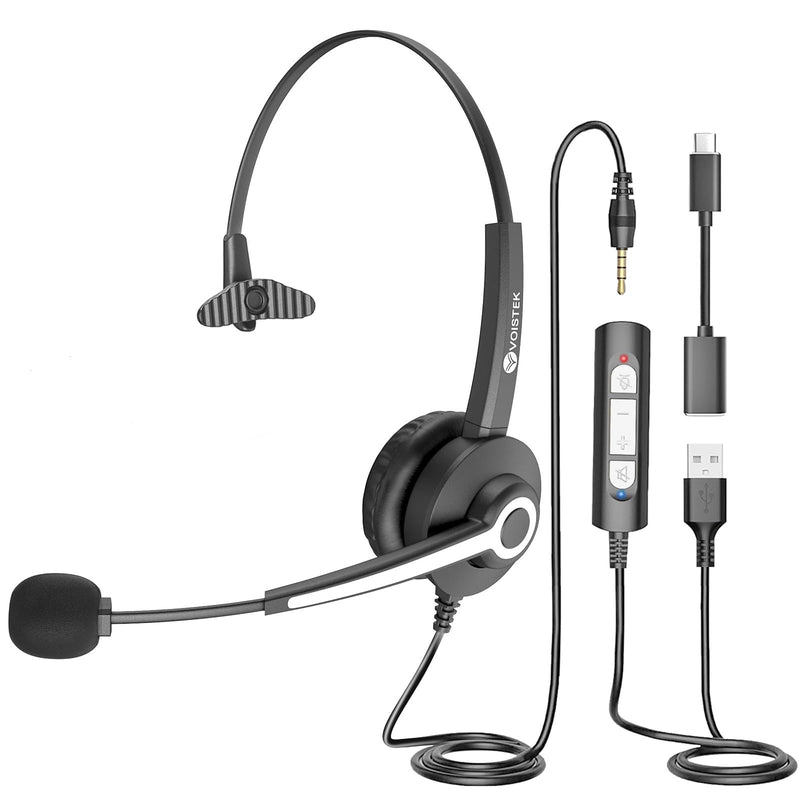 USB Headset with Microphone, Computer Headphones for PC Laptop, Wired Work Headset with Noise Canceling Microphone & In-line Control for Home Office, Teams Meetings, Online Class, Call Center, Zoom One ear - USB+3.5mm+USB-C