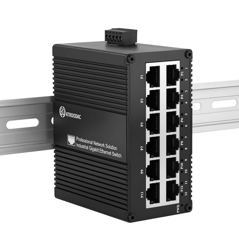 Industrial 12-Port Gigabit Ethernet Switch, 10/100/1000 Mbps | Unmanaged Network Switch, Dual 9-56V DC Power Input, DIN Rail & Wall Mount, Fanless Metal Housing, IP40 for CCTV and Factory 12 Gigabit Ports(NON POE)