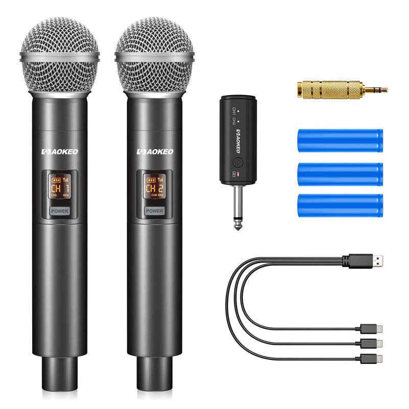 Aokeo Wireless Microphone Only for Mic Input, UHF Metal Dynamic Handheld Multipurpose Mic with Rechargeable Receiver (Work 4hs), 160ft Range, for Karaoke Machine, Amplifier Speaker, Mixer, Church PG58-2