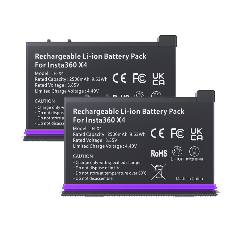 2 Pack 2500mAh Battery for Insta360 X4, Full Compatible with Insta 360 X4 Accessories 9.63Wh