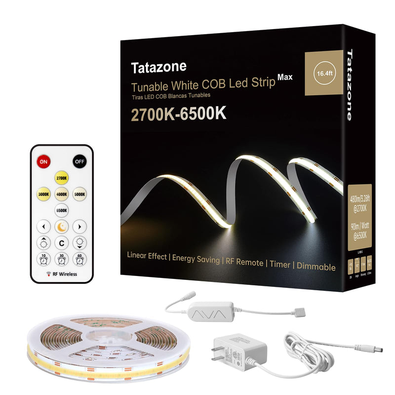 [AUSTRALIA] - Tatazone 16.4ft Tunable White COB Led Strip Light with RF Remote, CRI93+ Dimmable CCT 2700K-6500K Led Tape Lights, Adhesive High Density Dual Color Led COB Light Strip for Bedroom, Kitchen, Cabinet 