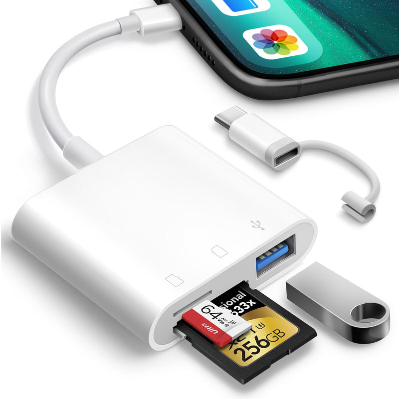 SD Card Reader for iPhone iPad Trail Camera Viewer 3-in-1 SD Adapter with Dual Slots & USB Port, Memory Card Adapter Dual-connector Design with Lightening&USB-C for Photographers, Plug & Play 3 Slots to (Lightning+USBC)